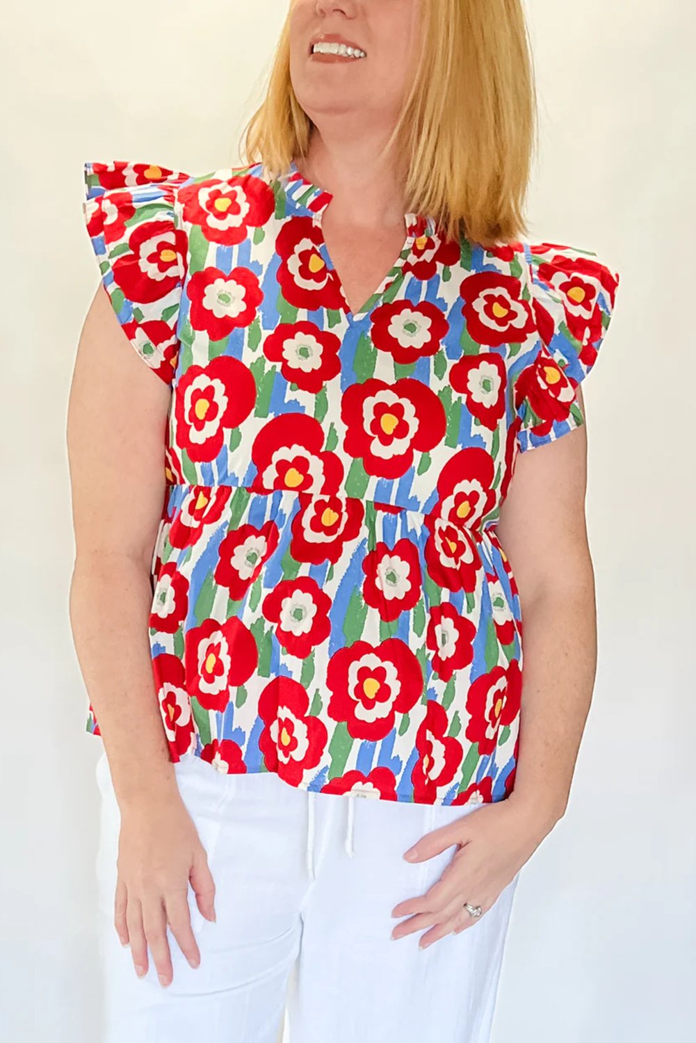 Thumbnail - Rotes Plus-Size Blumendruck Rüsche Trim Split-Ausschnitt Peplum-Oberteil