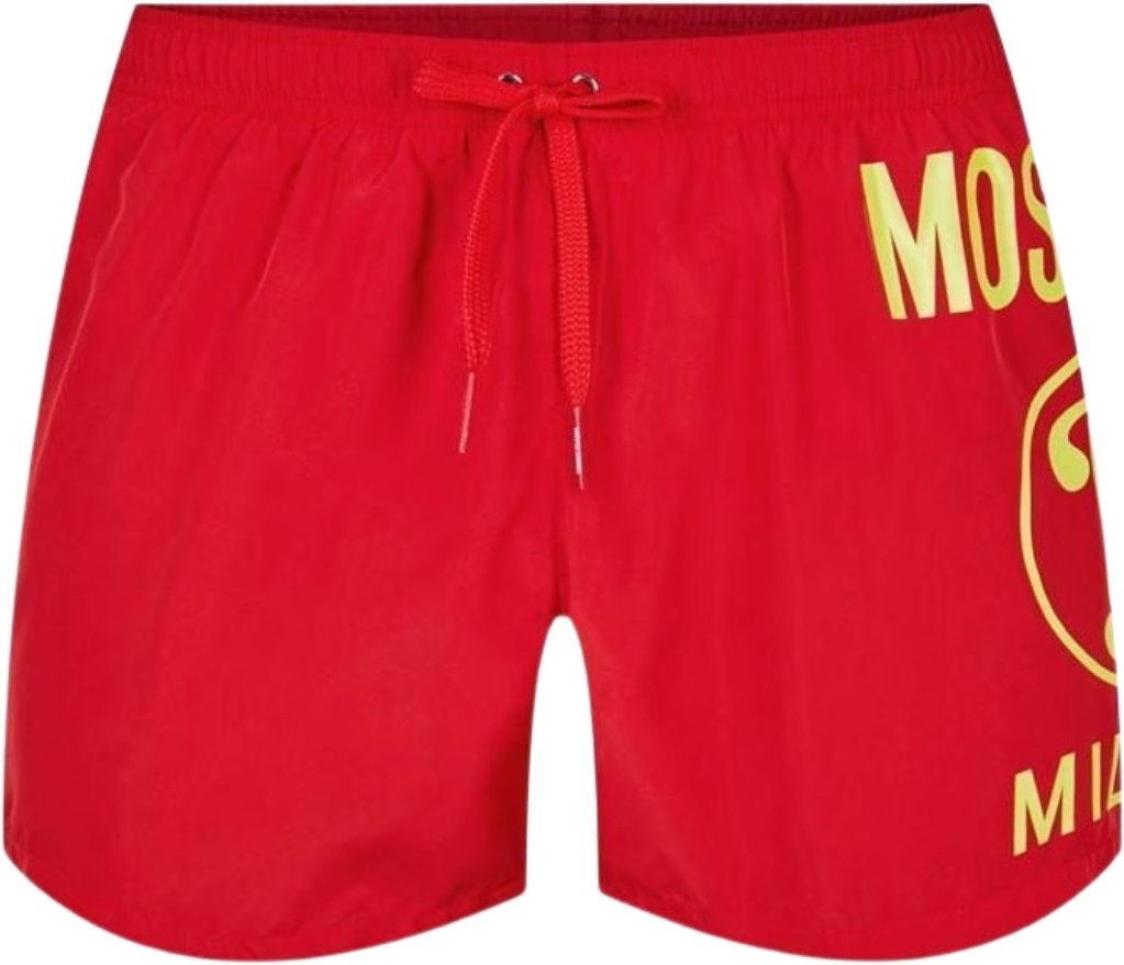 Rote kurze Badeshorts mit großem Milano-Logo von Moschino