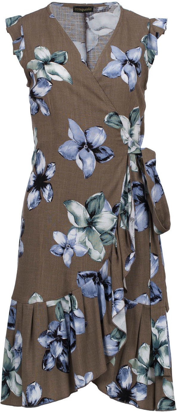 Floral Wickelkleid mit Rüschensaum - Leinen-Style Viskose