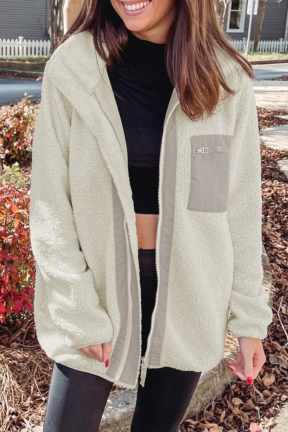 Weiße Brusttasche Vollzipper Flauschige Fleecejacke