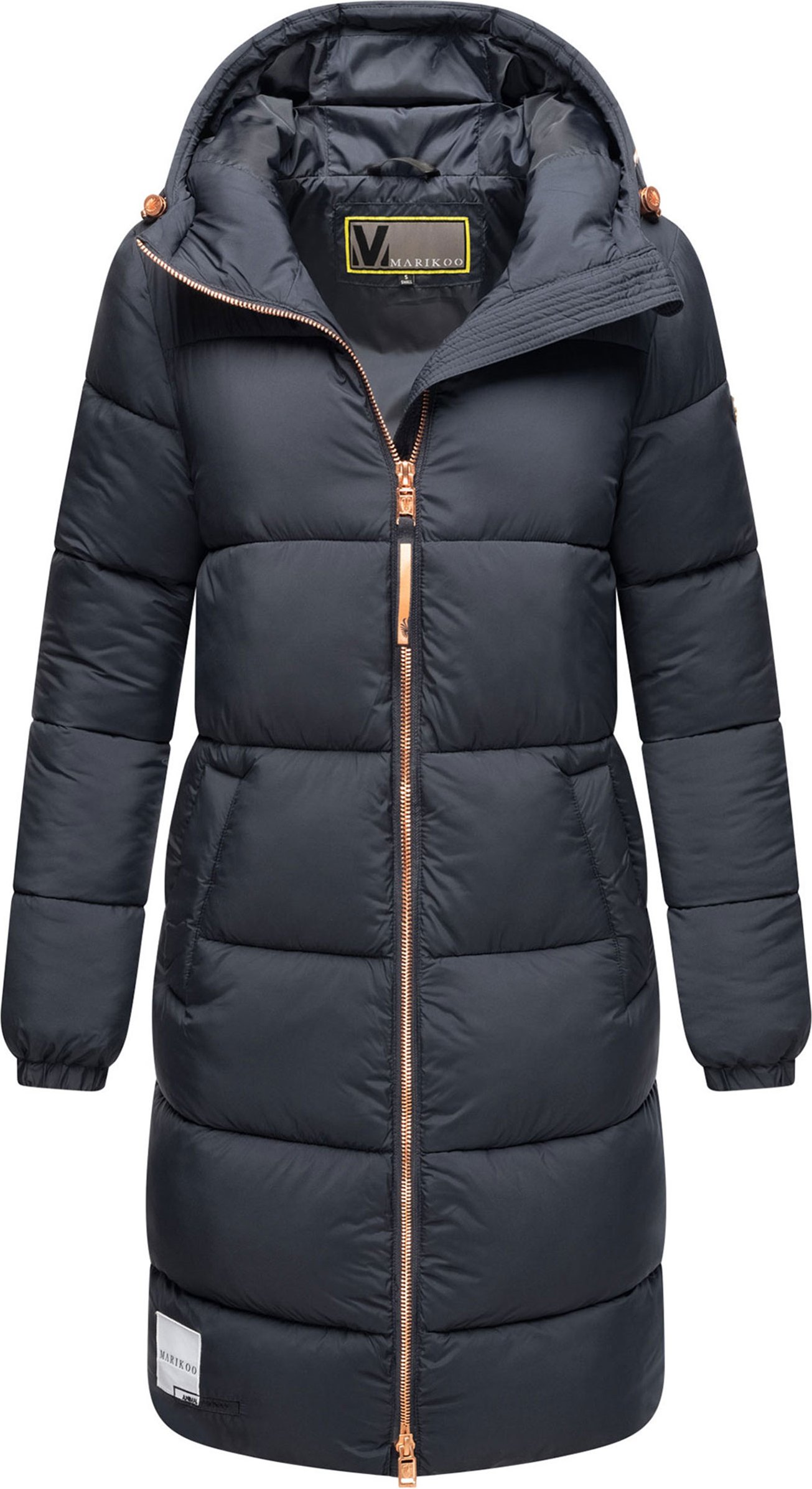 Marikoo lange Damen Steppjacke mit Kapuze & Kragen – Modell Nomadiaa