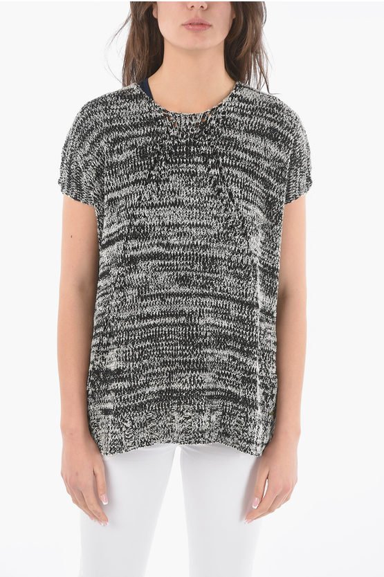 Zweifarbiger Maxipullover mit Rundhalsausschnitt in Schwarz