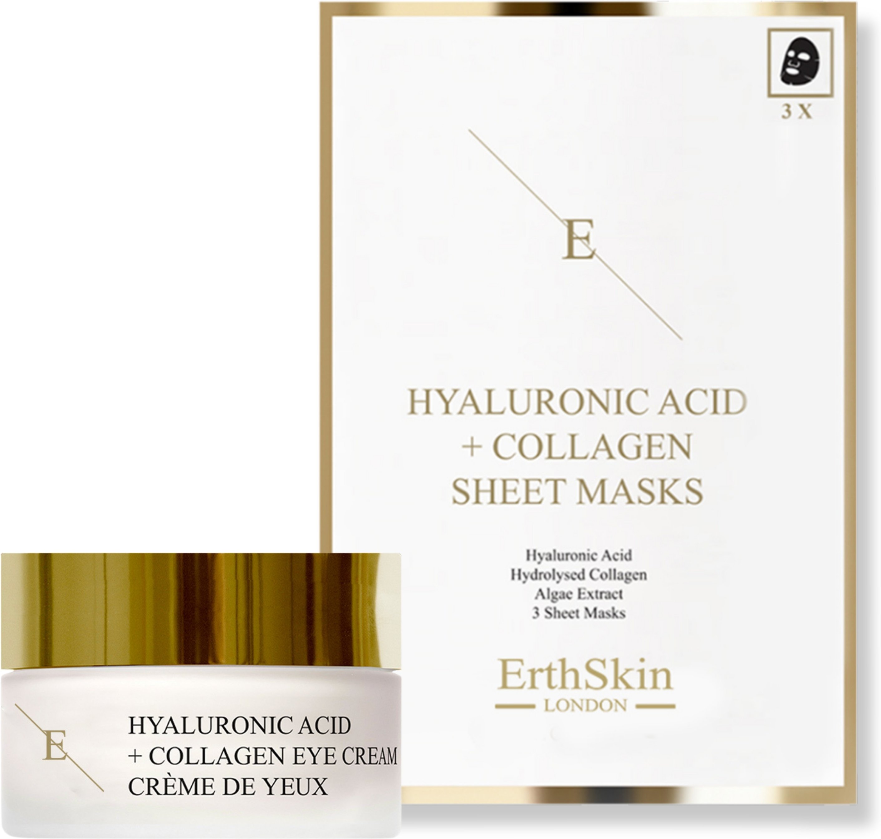 Hyaluronsäure & Kollagen Maske - 3 Blätter + Hyaluronsäure + Kollagen Pro Age Augencreme 30ml