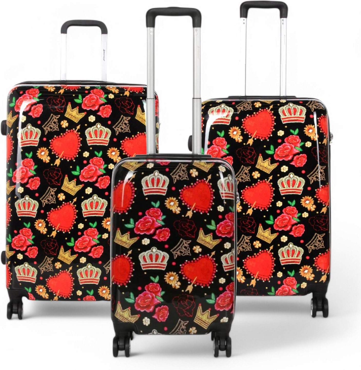 Erweiterbares Hartschalen-Kofferset mit 8 Rädern und schwarzen Rosen