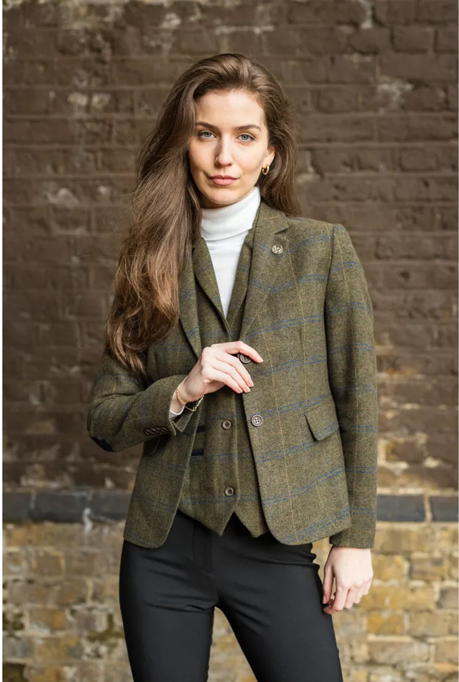 Thumbnail - Olivgrünes 2-teiliges Tweed-Blazer-Weste-Set für Damen im Fischgrätenmuster