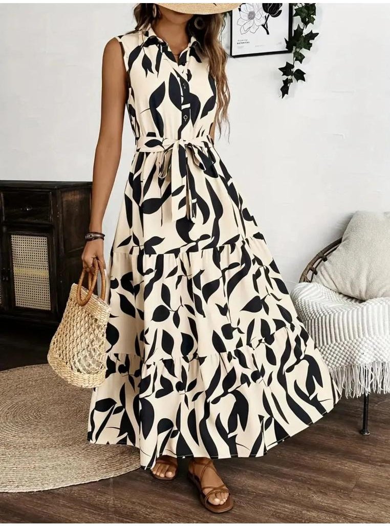 Damen Maxikleid mit gedrucktem Bindegürtel und ohne Ärmel