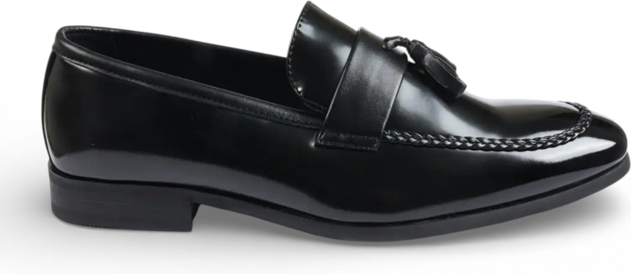 Schwarze Herren-Slipper aus hochglänzendem Lackleder mit Quasten