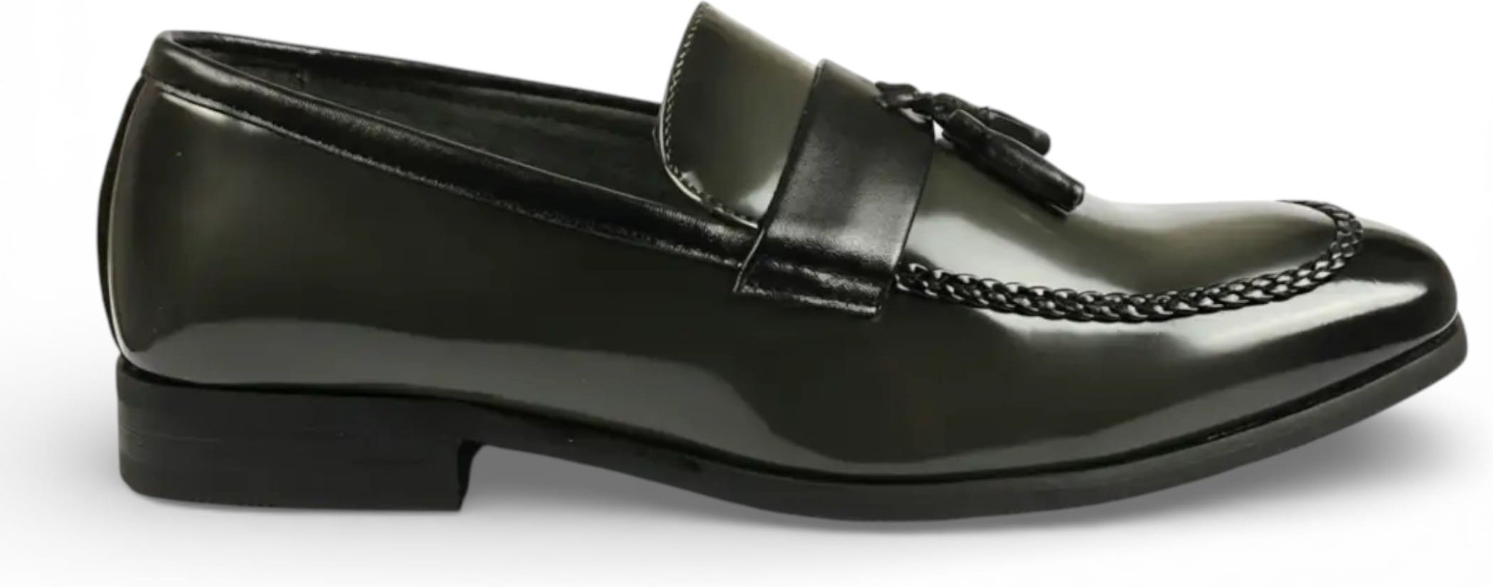 Herren-Loafer aus olivgrünem, hochglänzendem Lackleder mit Quasten