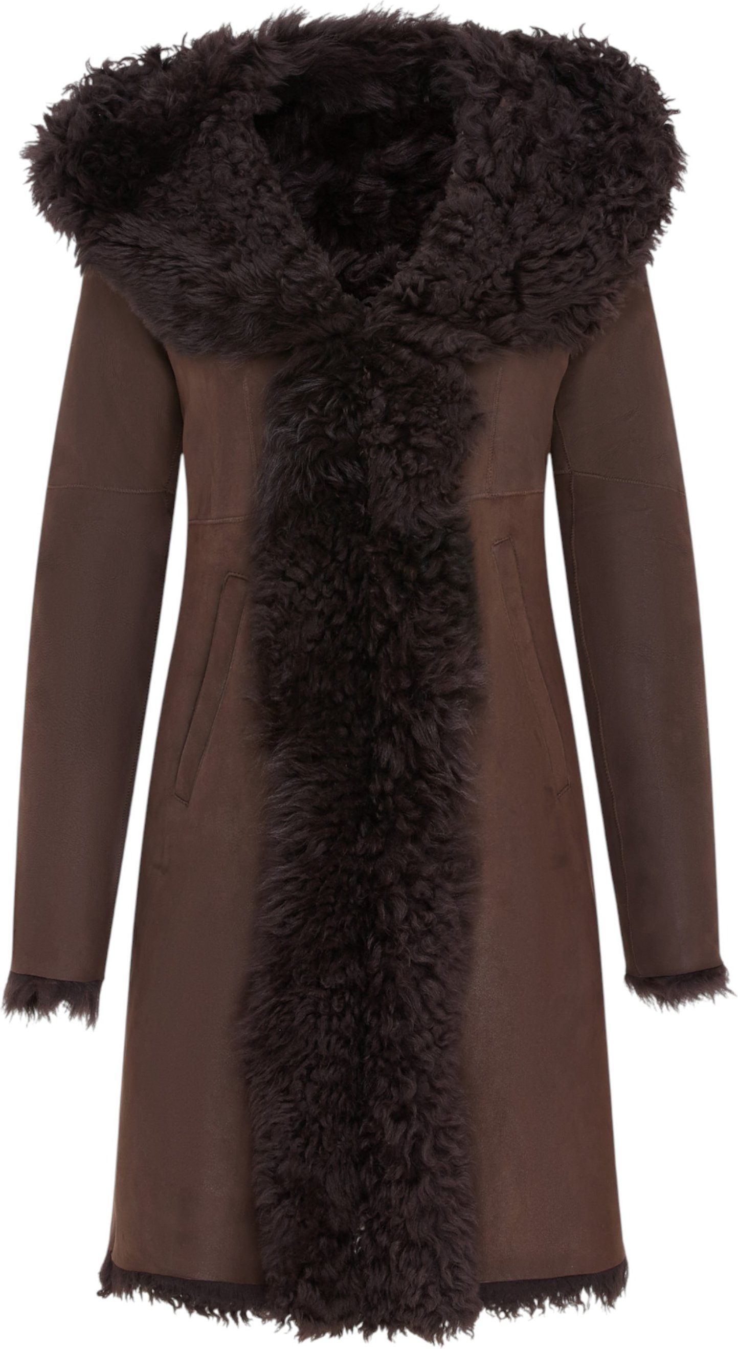 Brauner Trenchcoat aus Schaffell und Leder mit Kapuze für Damen in Toscana-Optik - Coast