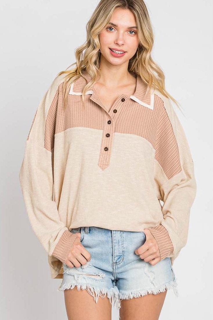 Thumbnail - Azura Exchange Aprikosenfarbenes Oversized-Stricktop mit Waffel-Kontrast