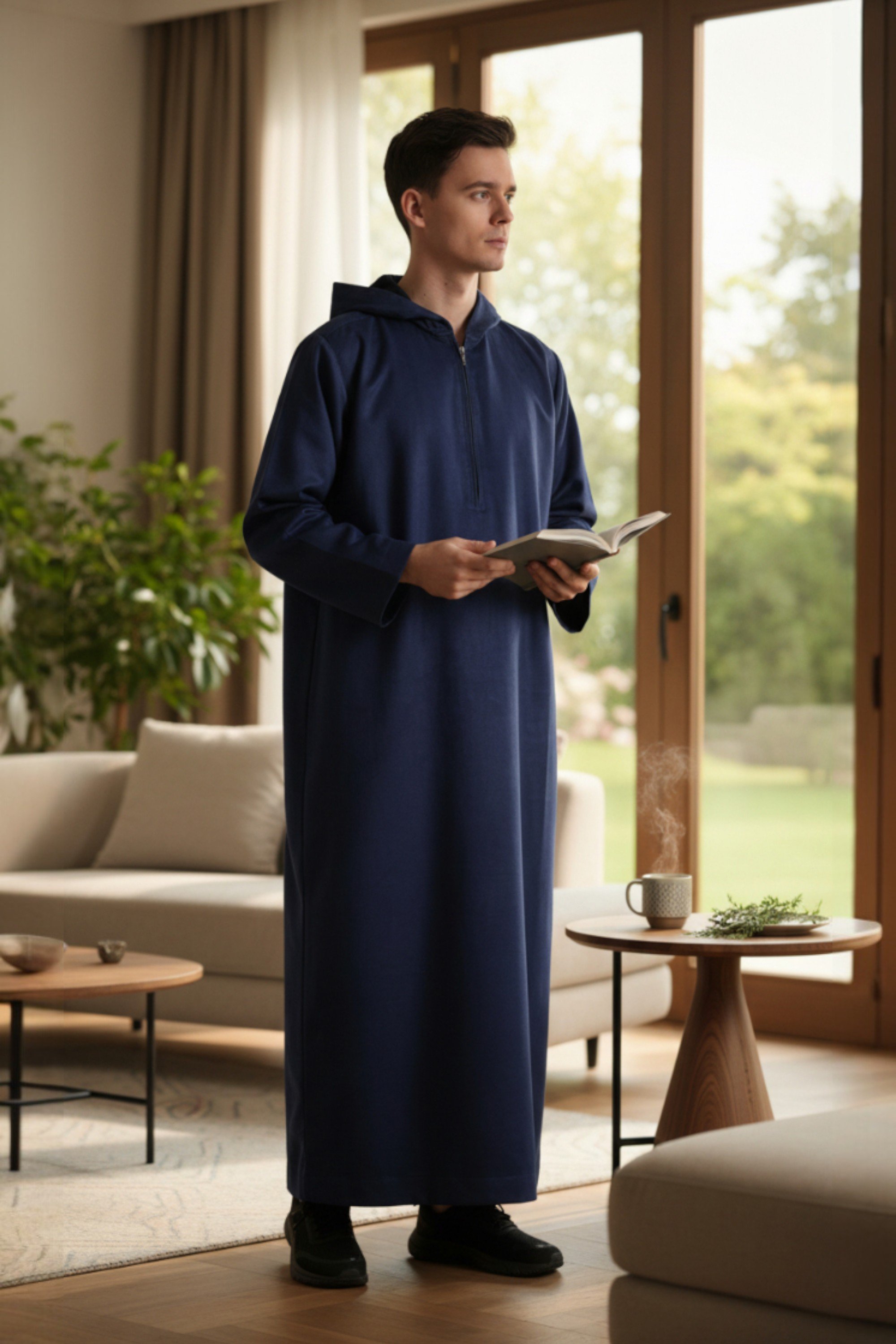 Herren Marineblau mit Kapuze Eid Marokkanischer Jubba Robe Ramadan Eid Thobe LFS - HM12