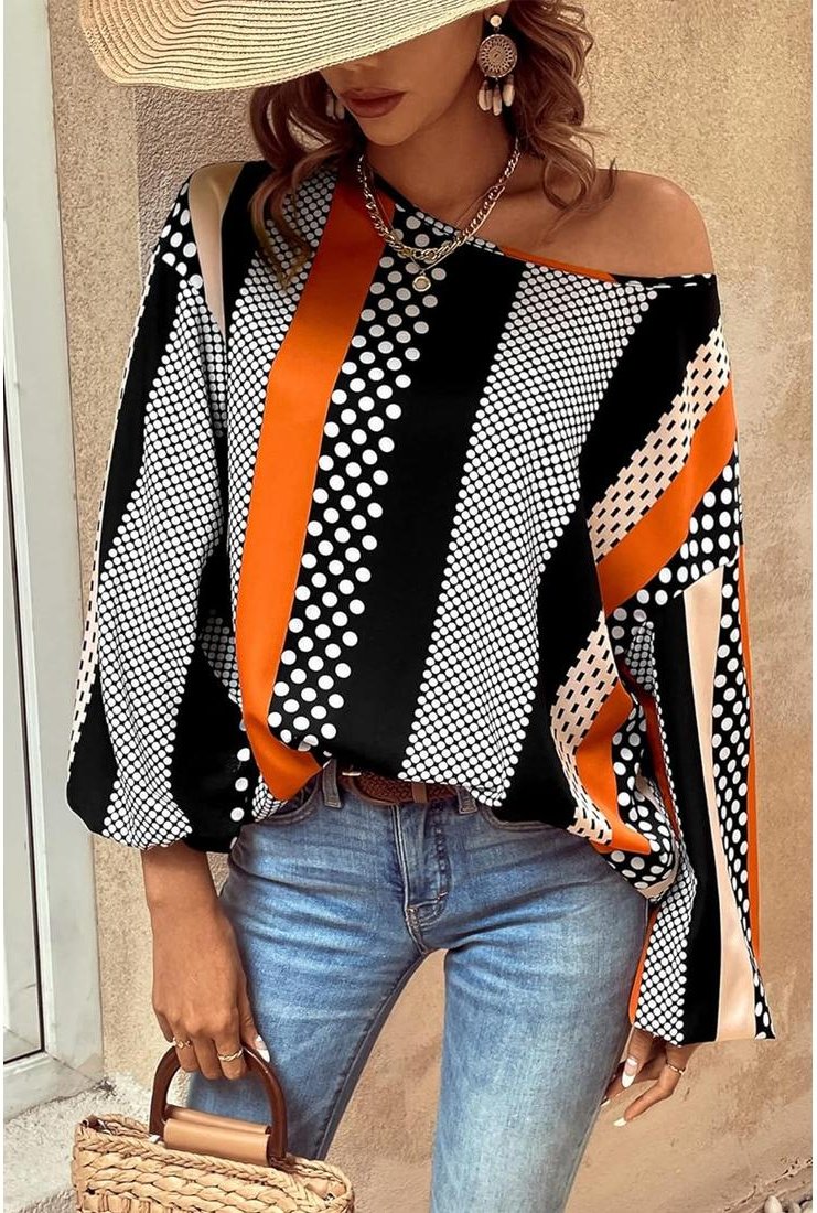 Thumbnail - Azura Exchange Orange-Punkte Vertikale Streifen Bedruckte Puffärmel Bluse
