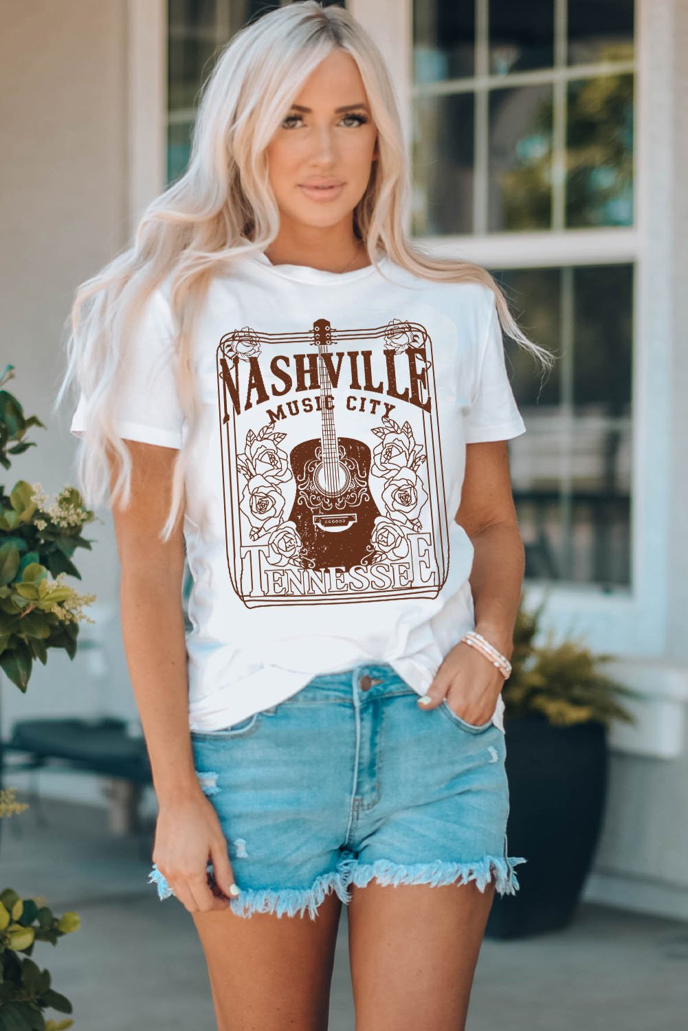 Weißes Nashville Musikstadt Grafik Crew Neck T-Shirt