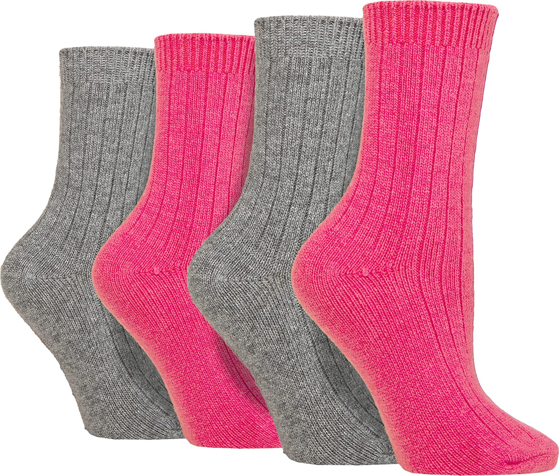 4er-Pack Damen Kaschmir-Stiefelsocken | Wildfeet | Gerippte Crew Wollbettsocken - Rosa/Grau