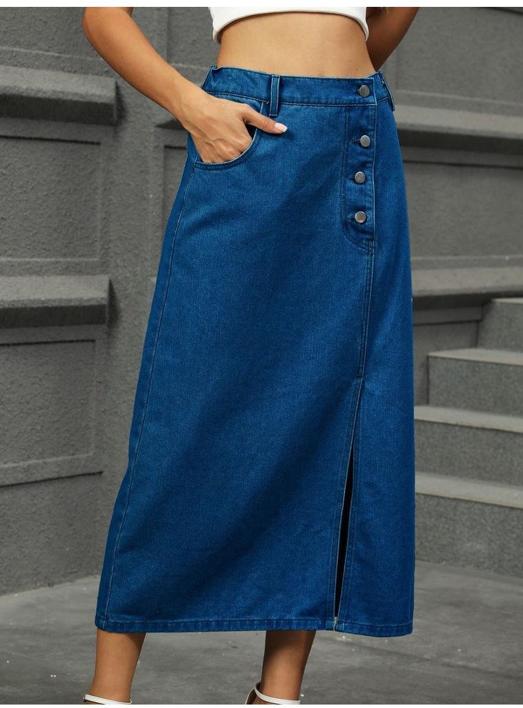 Damen Jeans-Midirock mit Schlitz und Knopfdetails