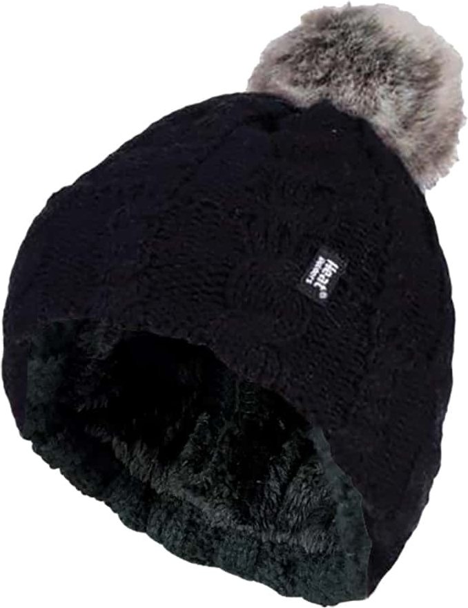 Wärmehalter - Damen Strickfleece gefütterte Thermo-Bommelmütze mit Pom Pom