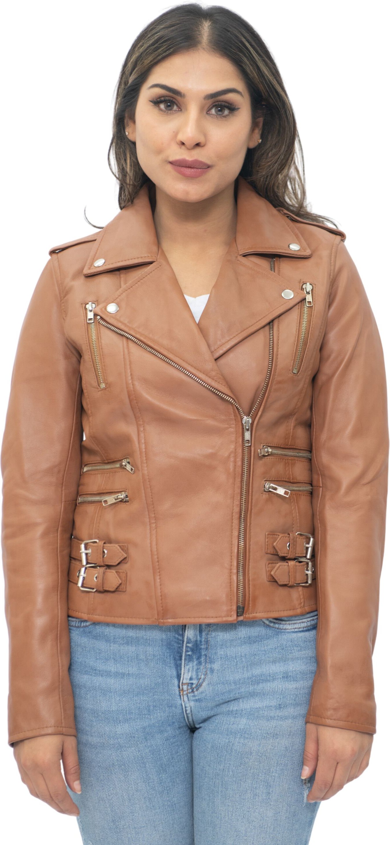 Damen Leder Vintage Brando Bikerjacke-Orlando
