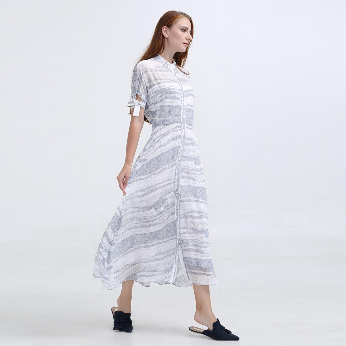 Linear Print Midi Hemdkleid mit Elementardruck
