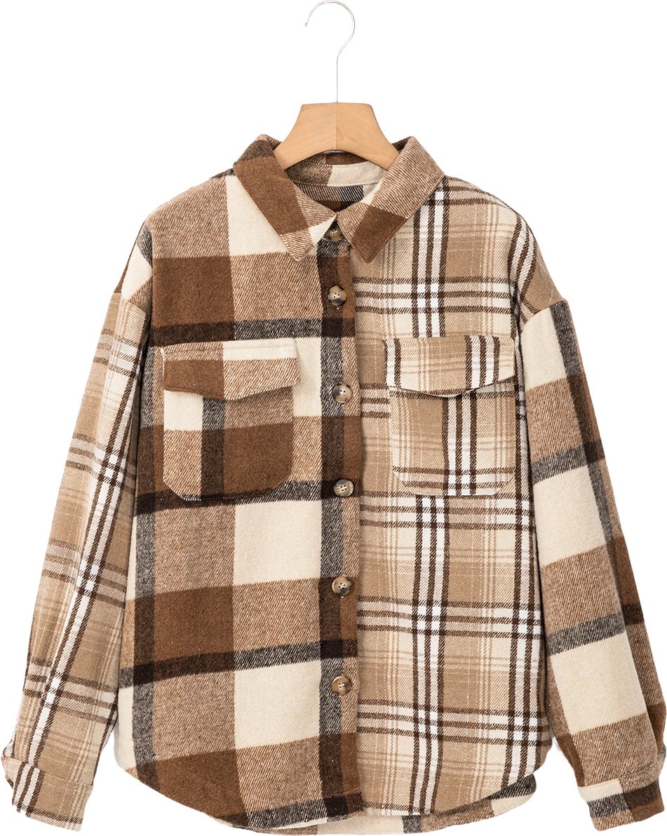 Thumbnail - Helles Französisches Beige Flanell Karomuster Doppel-Umklapp-Taschen Shacket