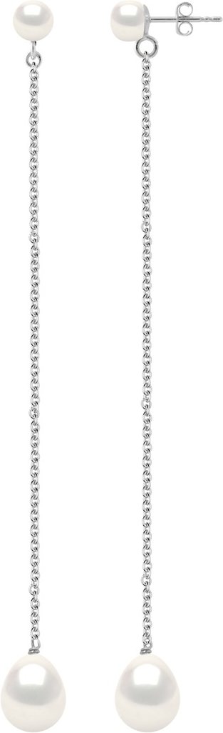 Doppelte Ohrringe aus Weißgold – echte Süßwasser-Zuchtperlen, Knopf 5–6 mm + Birne 8–9 mm