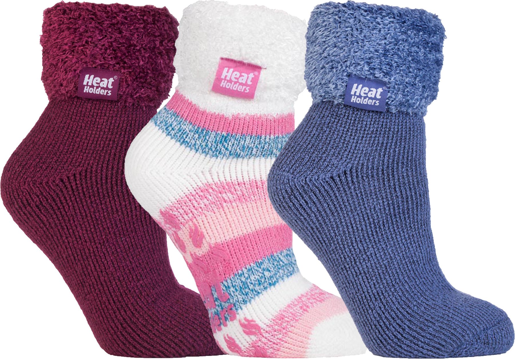 Thumbnail - Womens Fluffy Slipper Bed Socks with Grips | Heat Holders | 3 Pair Multipack | Ladies Warm Fleece Lined Non Slip Socks |...