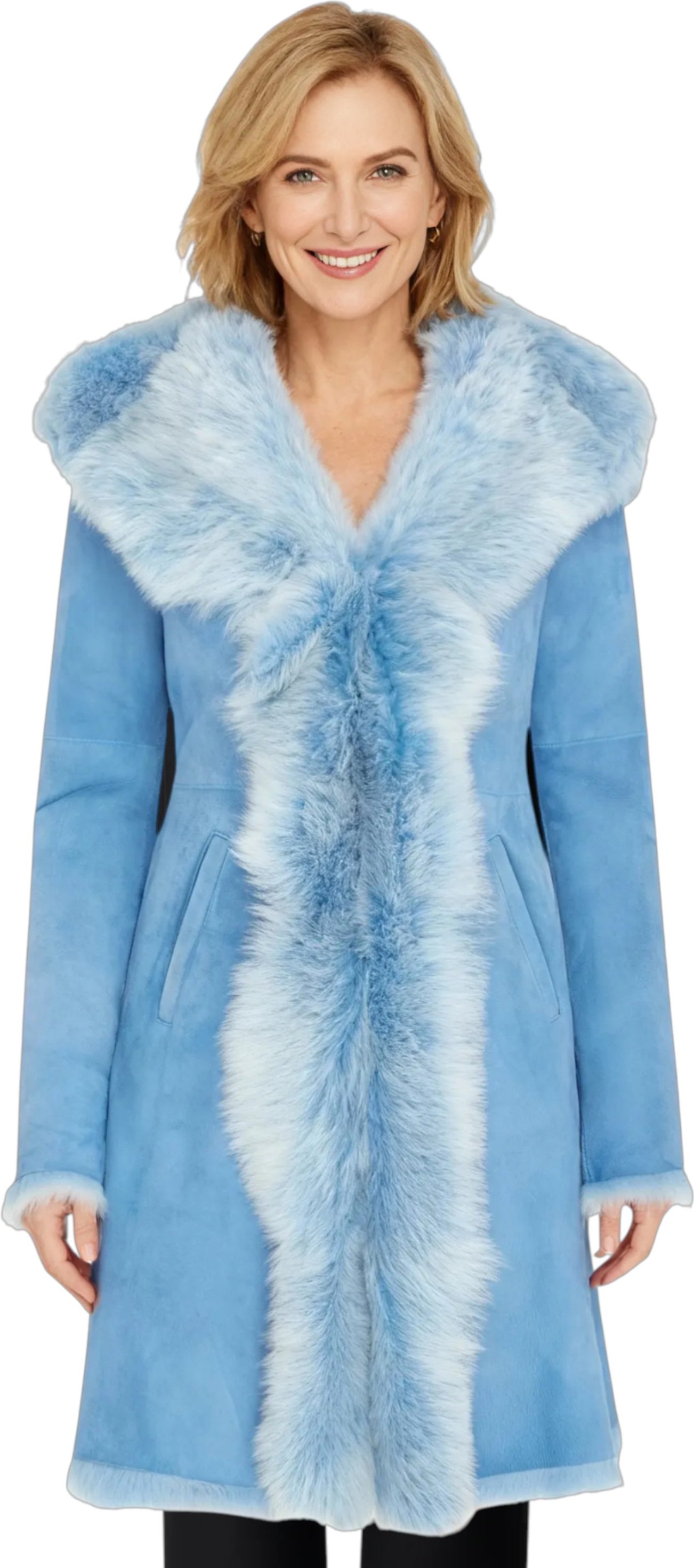 Damen-Trenchcoat mit Kapuze aus blauem, echtem Schafsleder-Wildleder von Isola (Modell: Toscana)