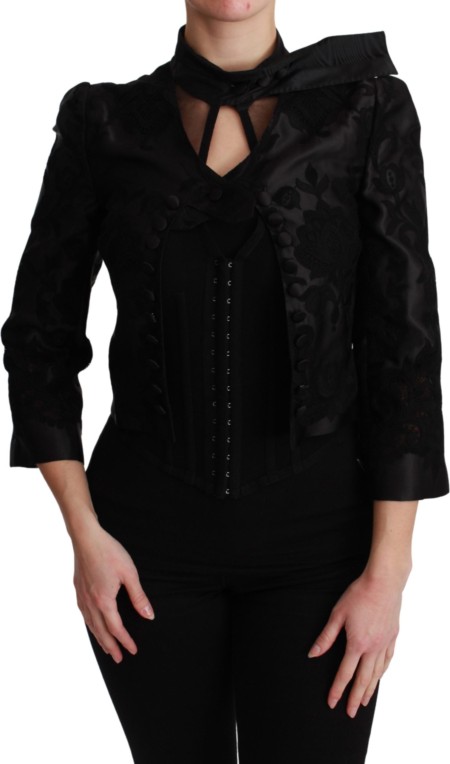 Dolce & Gabbana Schwarzer Blazer aus geblümtem Jacquard für Damen - Seidenjacke