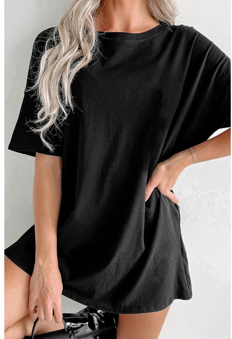 Thumbnail - Schwarzes Unifarbenes Rundhals-Basic-Tunika-T-Shirt