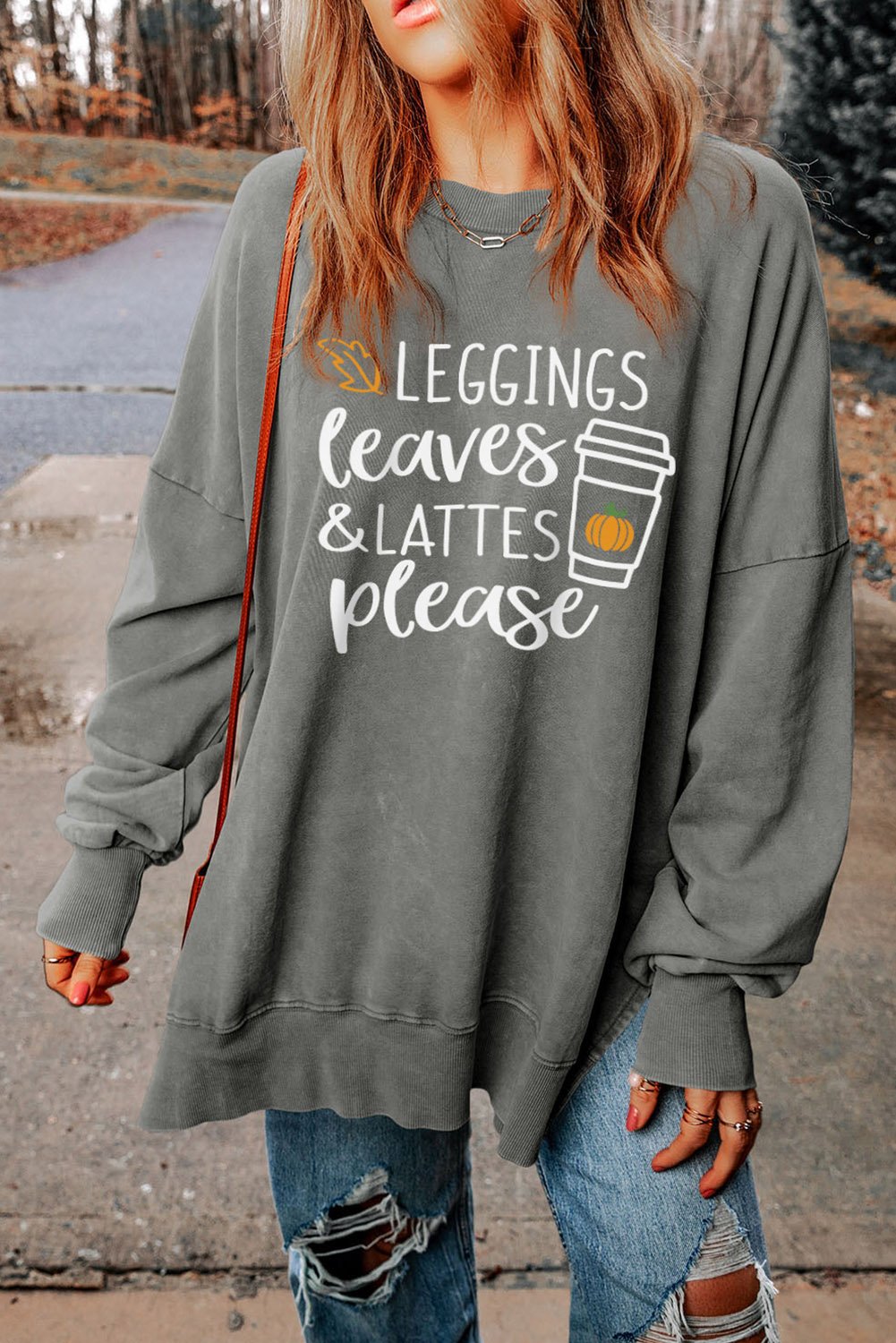 Grauer Slogan-Print Oversized Sweatshirt mit seitlichem Schlitz