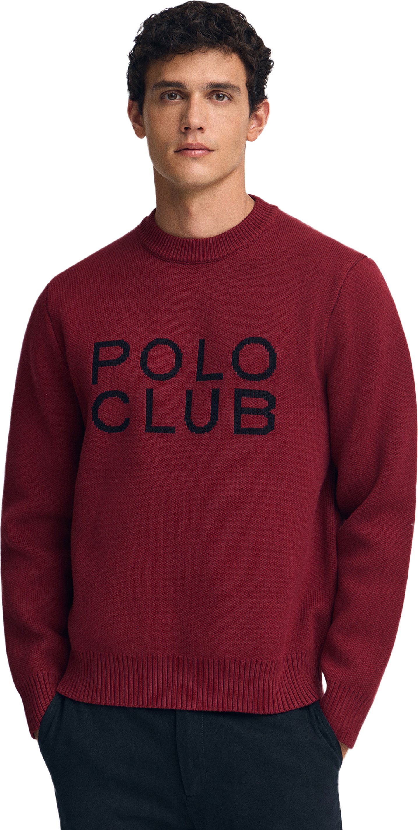 Strickpullover granatrot mit Polo Club-Logo in Kontrastfarbe