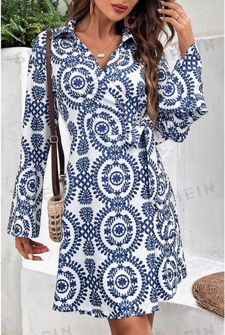 Thumbnail - Azura Exchange Blaue Blumenmuster V-Ausschnitt Wickel-Knoten Langarmkleid