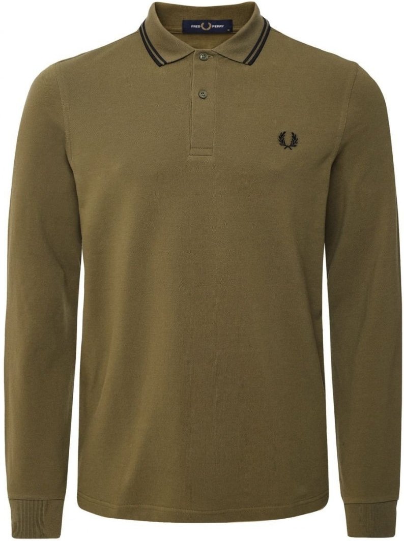 Thumbnail - Fred Perry Schwarzes, dunkelgrünes Langarm-Poloshirt mit Doppelstreifenkragen