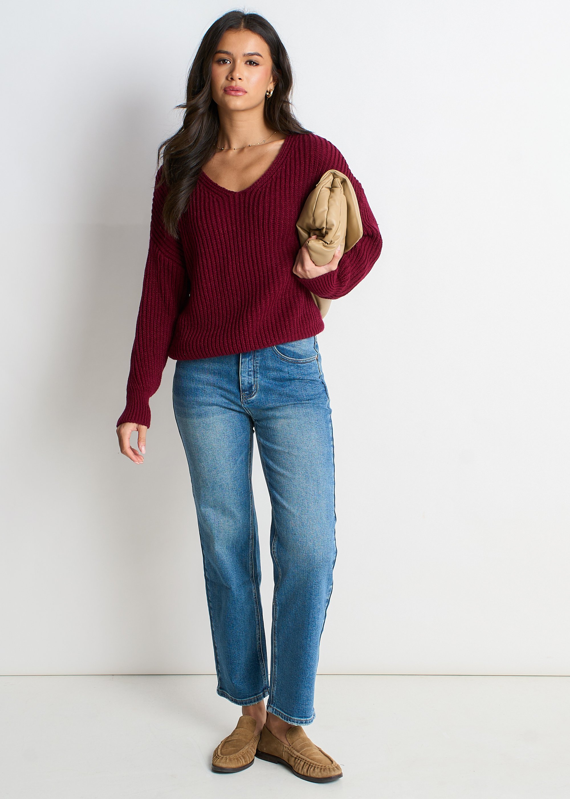 Burgunderfarbener Grobstrick-Pullover in Übergröße