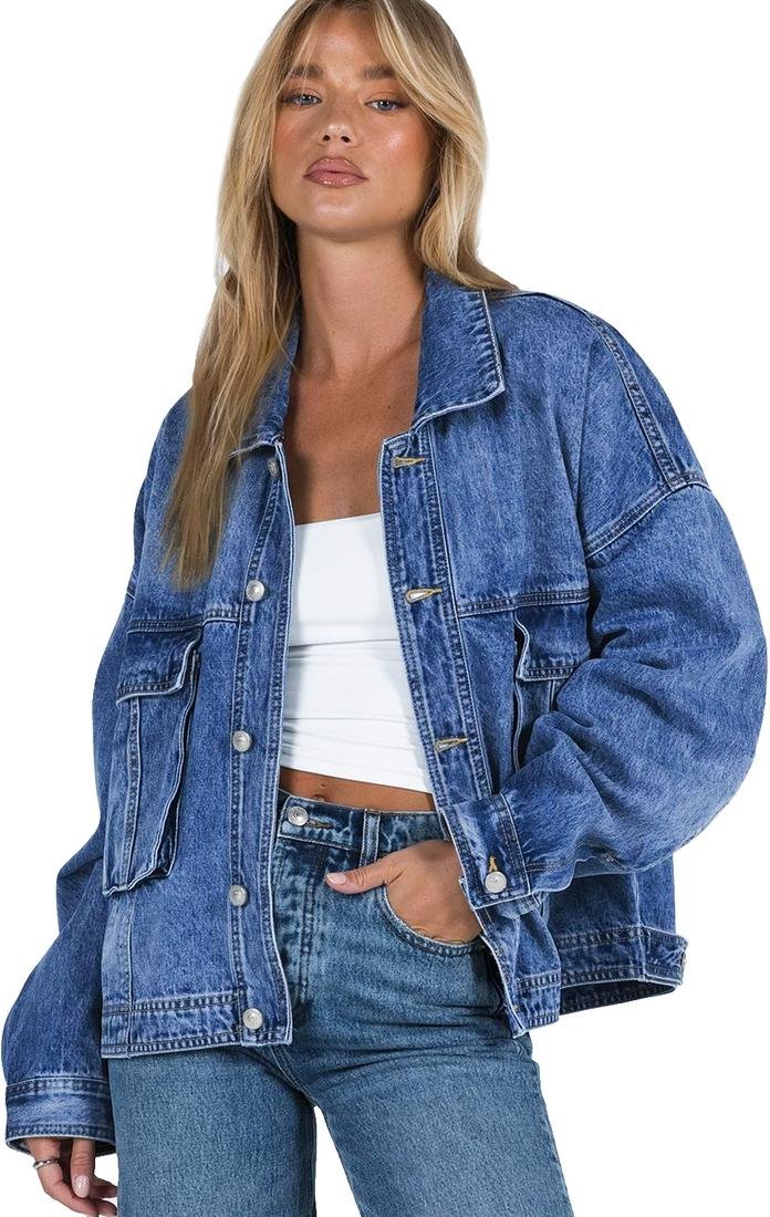 Thumbnail - Azura Exchange Blaue Brusttaschen Drop Shoulder Lockere Jeansjacke