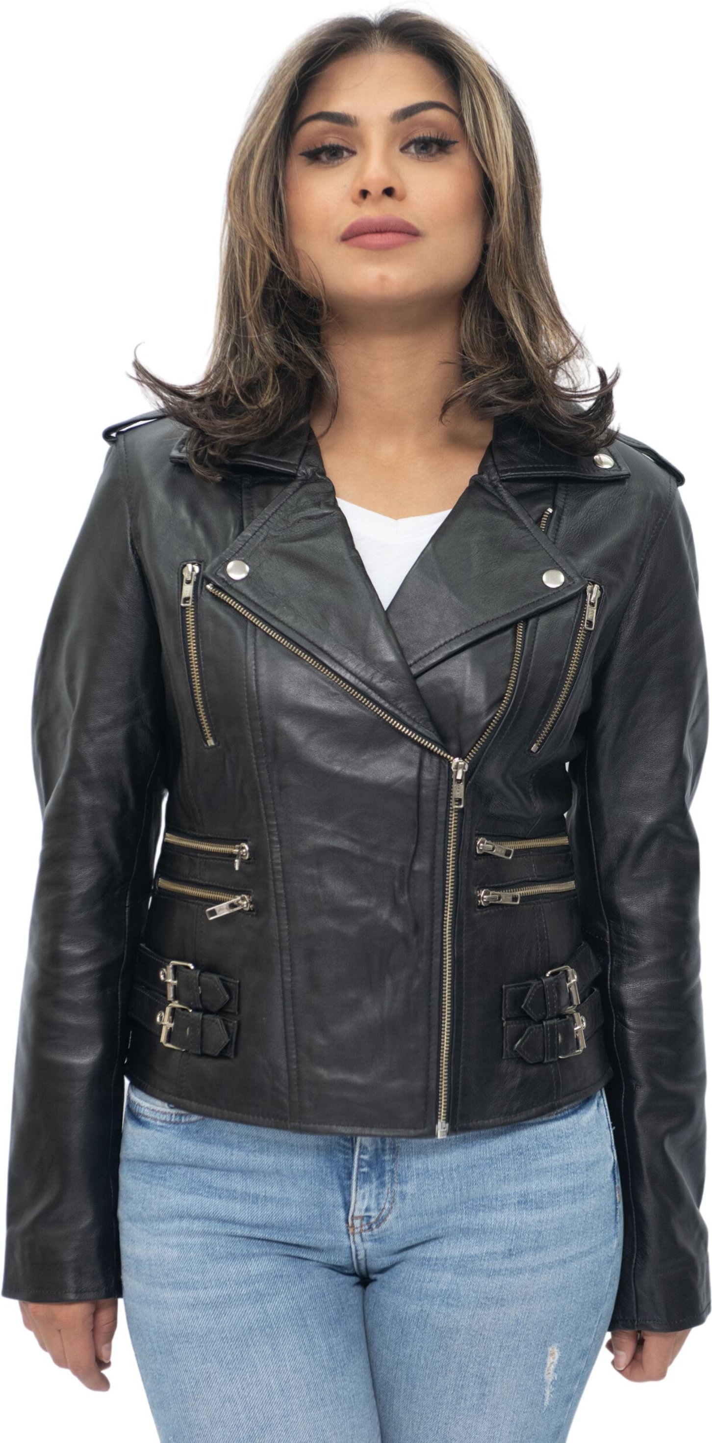 Damen Leder Vintage Brando Bikerjacke-Orlando