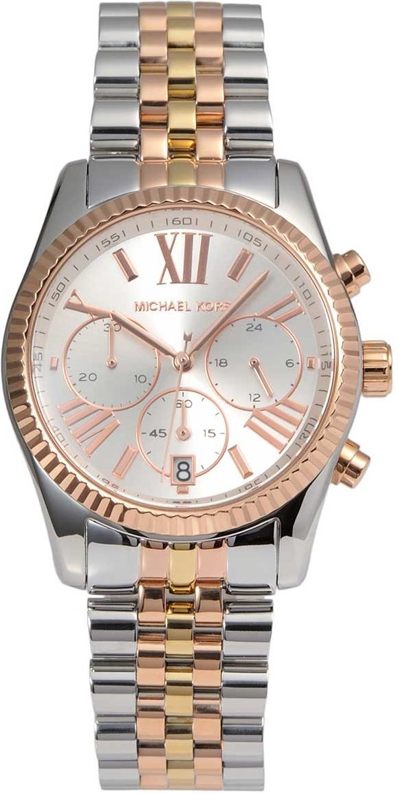 Stylische Damenuhr der Marke Michael Kors in Silber und Gold. Die Uhr hat ein Stahlarmband, das mit einer Faltschließe v...