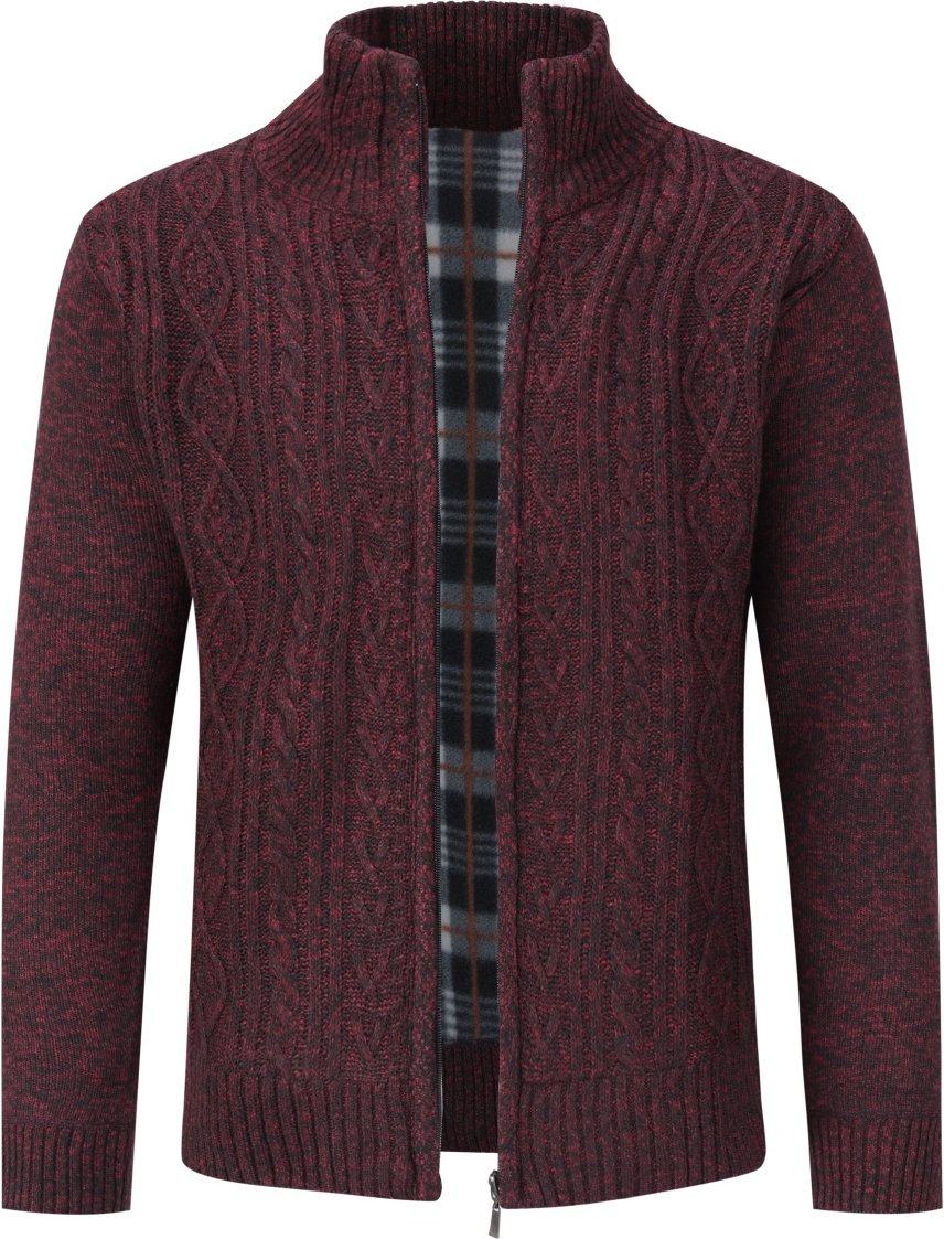 Herren Strickjacke mit Reißverschluss Cardigan Grobstrick mit Stehkragen für den Winter Rot