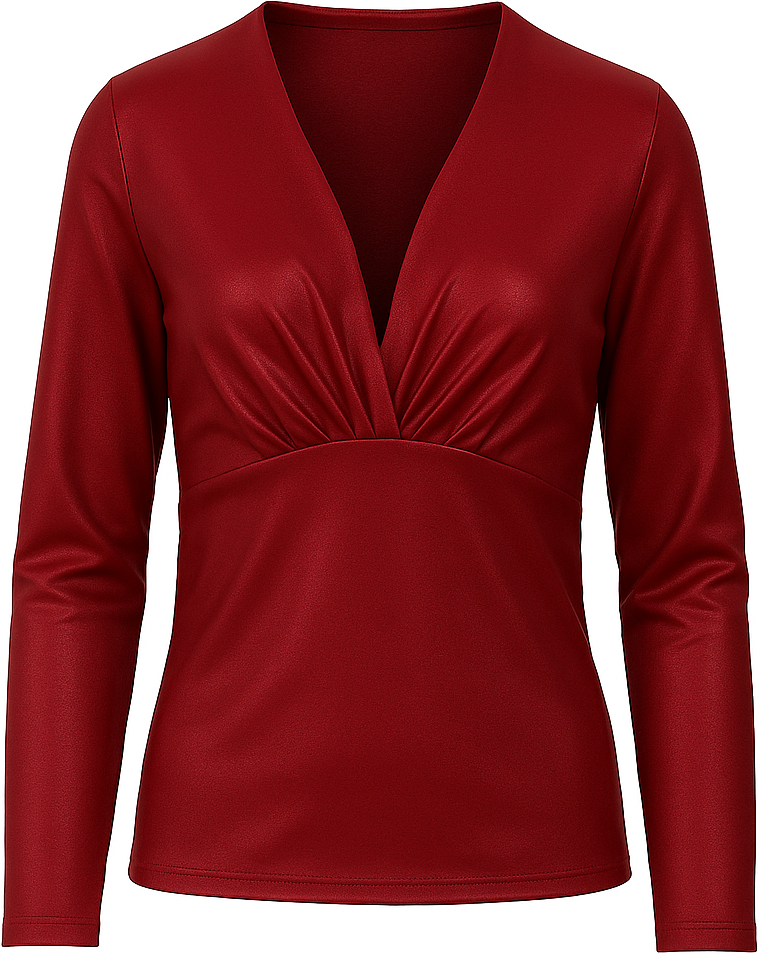 Langärmliges, glänzendes Top mit V-Ausschnitt in Dunkelrot – Stretch-Jersey-Mischung
