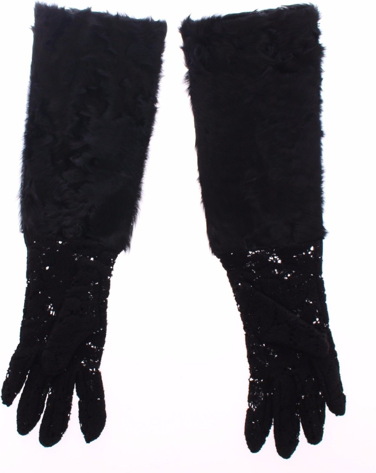Dolce & Gabbana Schwarze Spitzen-Woll-Lammfell-Futter-Handschuhe für Damen