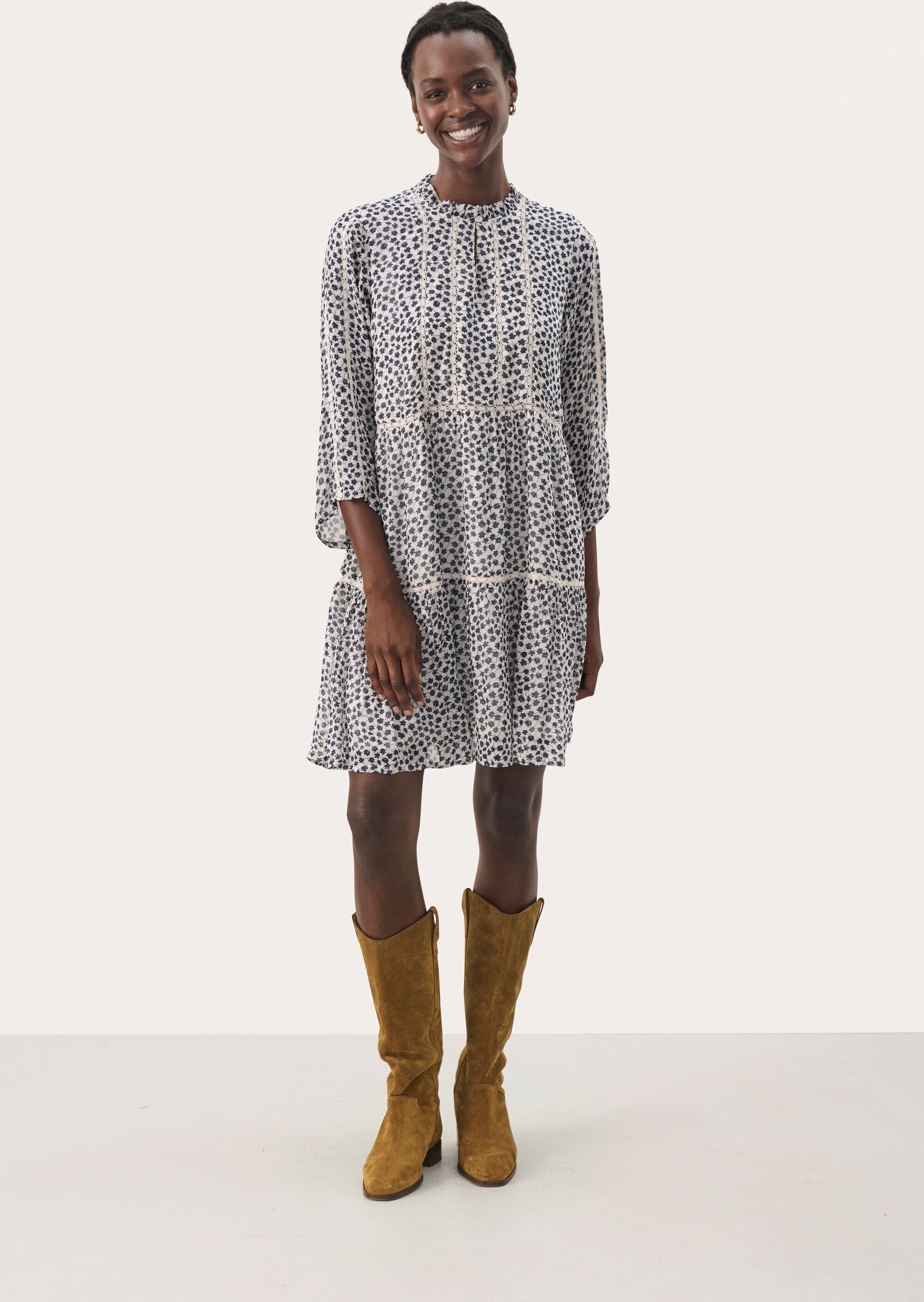 Kleid Gerade Passform Navy Mini Grid Flower multicolour