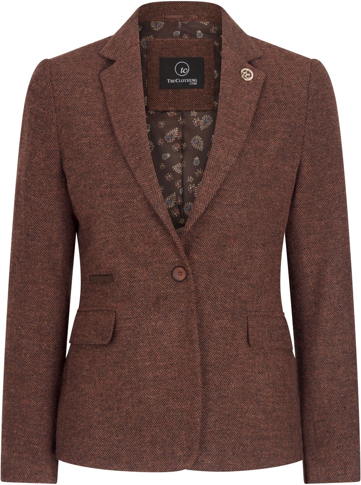 Thumbnail - Rostbrauner Damen-Blazer aus Wolltweed mit Fischgrätenmuster und Karomuster