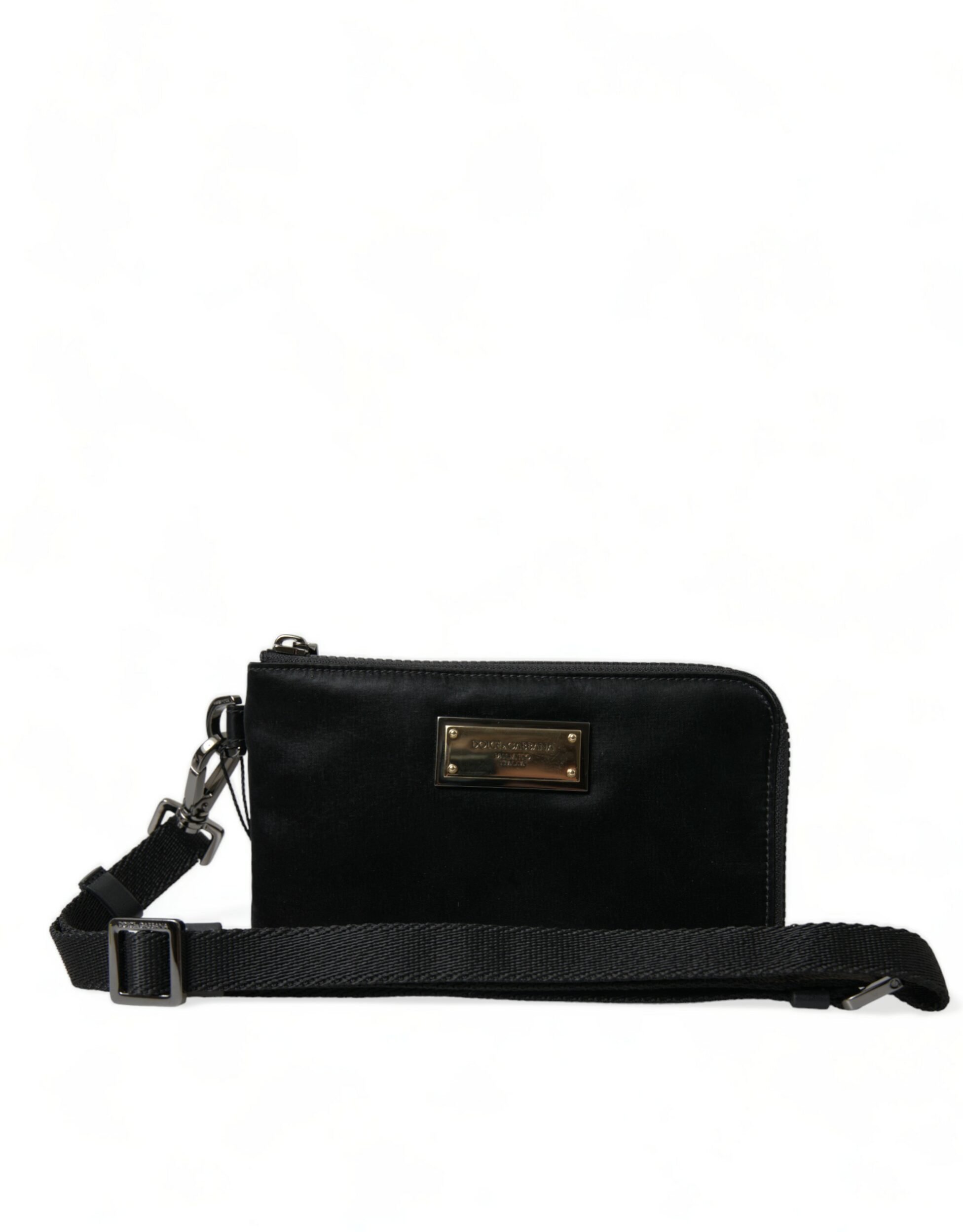 Schwarze Nylon-Logo-Plakette Schlüsselring Tasche Clutch Bag