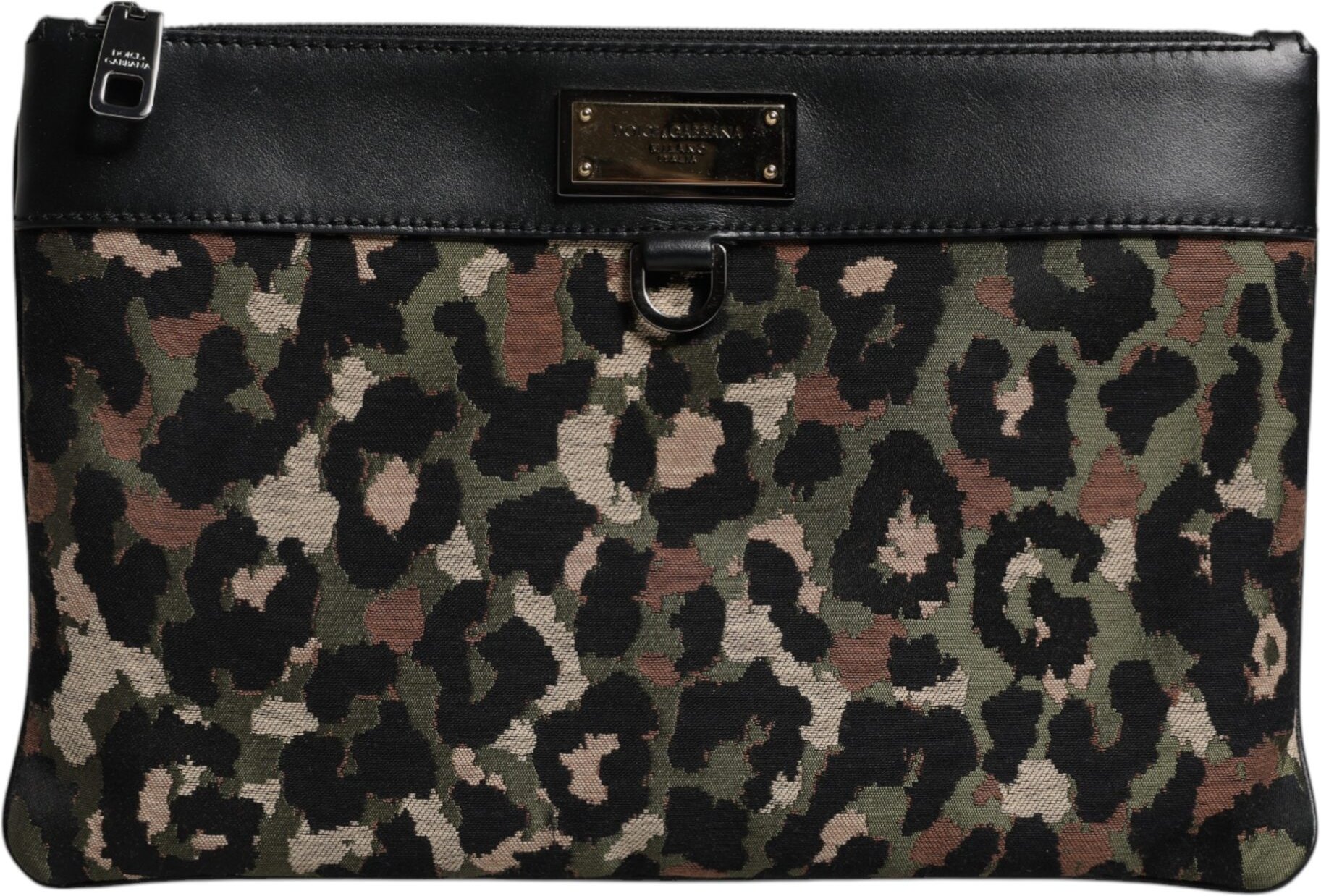 Mehrfarbiges Leoparden-Jacquard-Muster Logo-Plakette Zipper Tasche