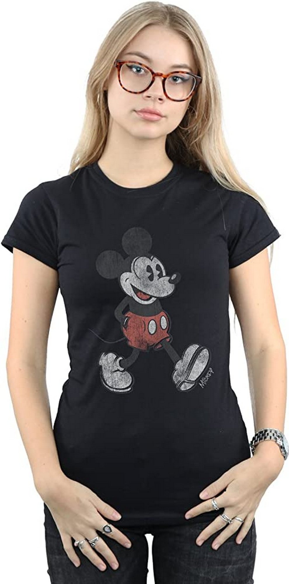 Disney Damen/Damen Walking Mickey Mouse T-Shirt aus Baumwolle (Schwarz)
