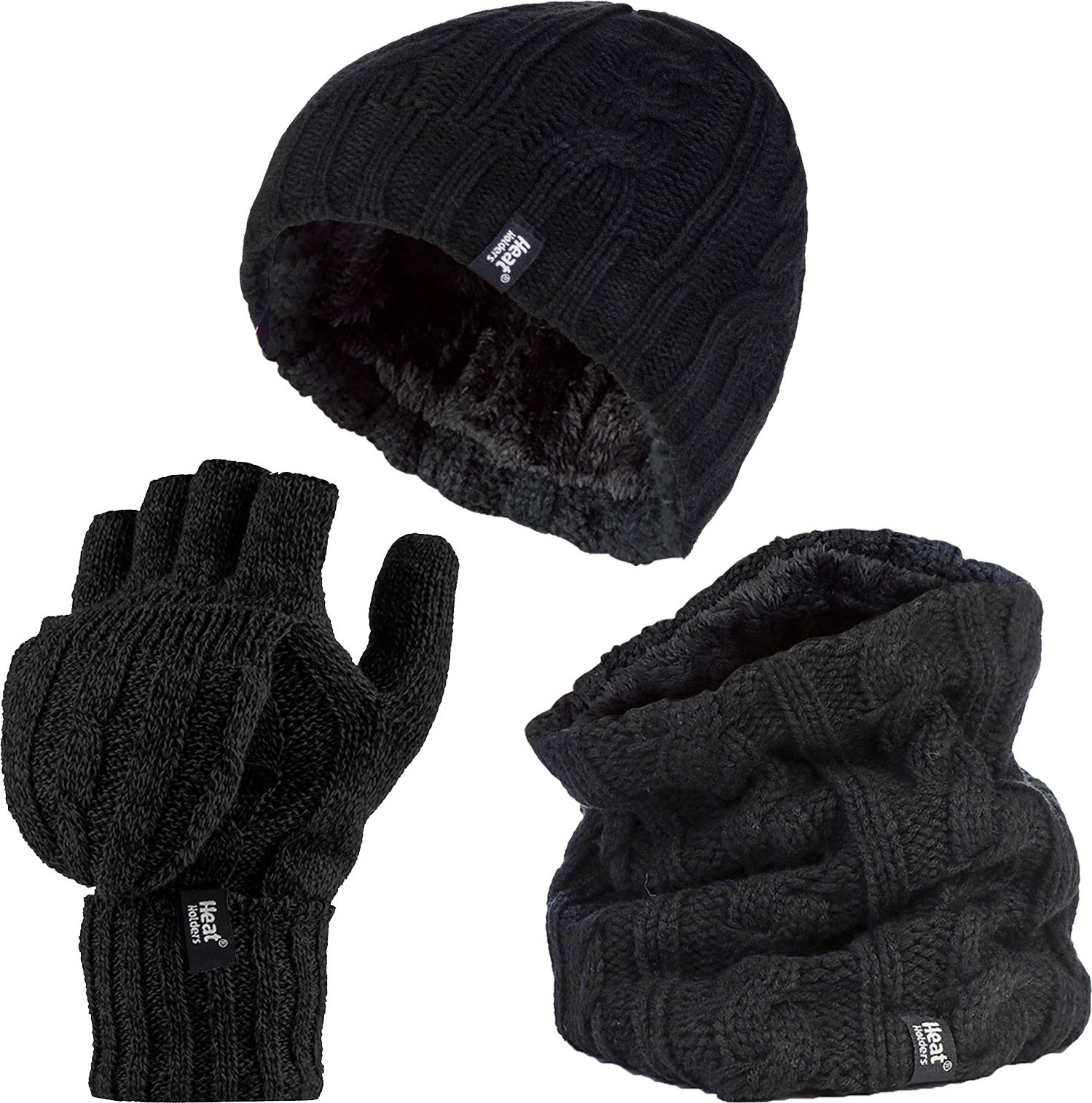 Heat Holders - Womens Thermal Winter Fleece Mütze, Halswärmer und Converter Handschuhe Set - Schwarz