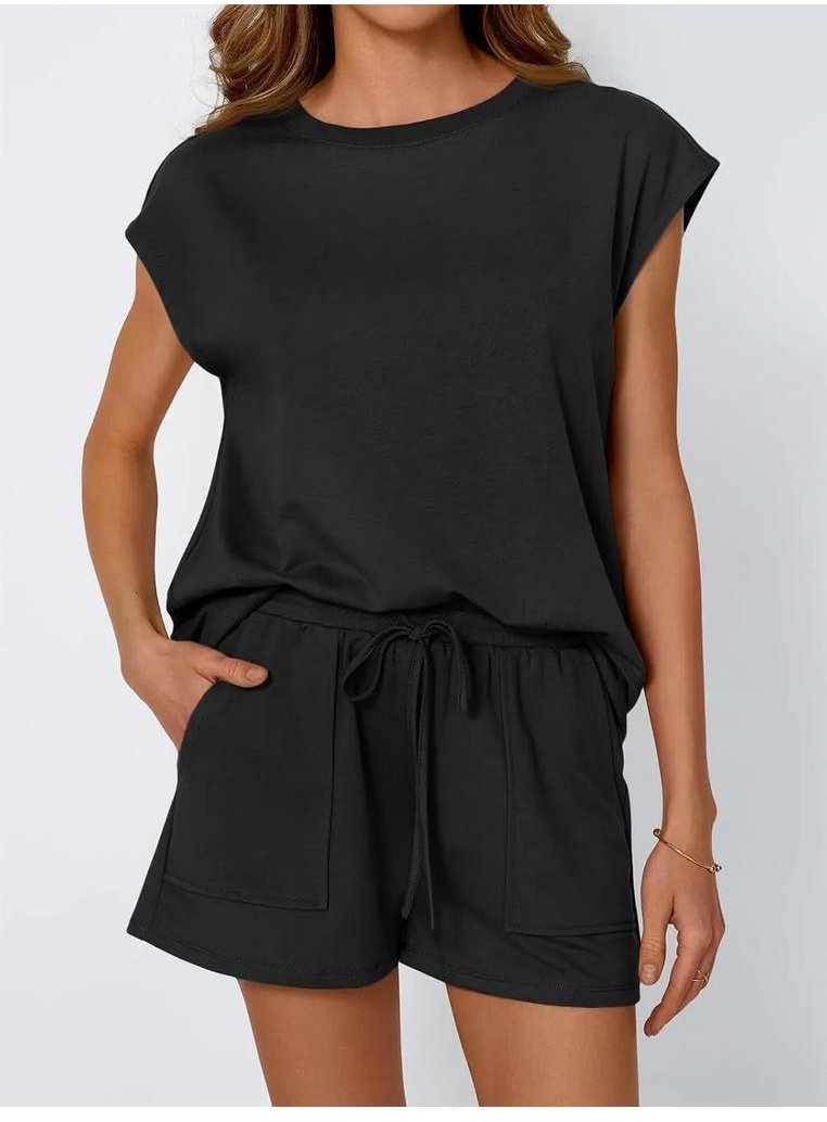 Damen Rundhals-Top mit Kapuzenärmeln und Shorts-Set