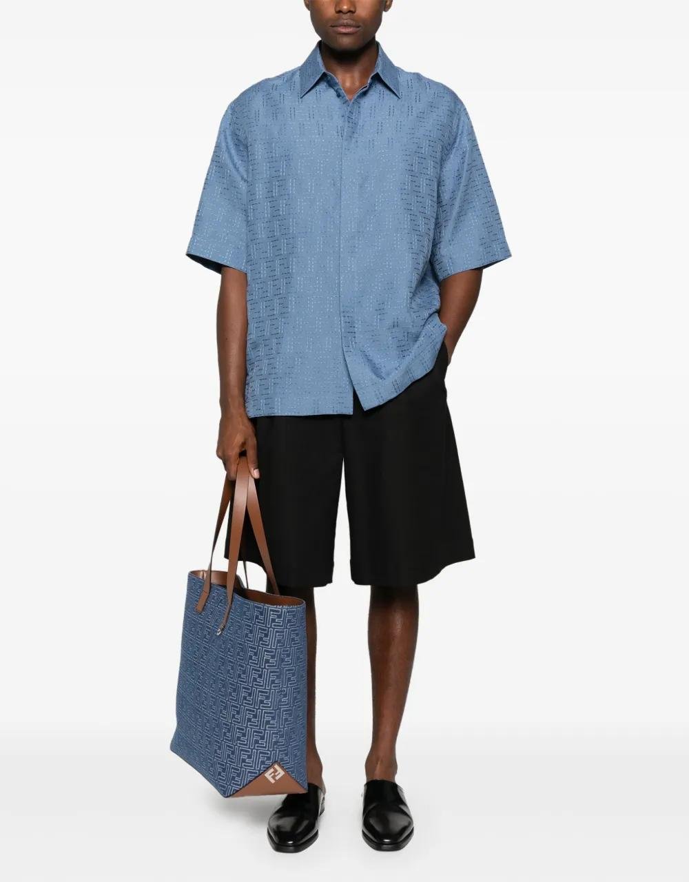 Kragenlose Hemd aus Leinenmischung in Himmelblau