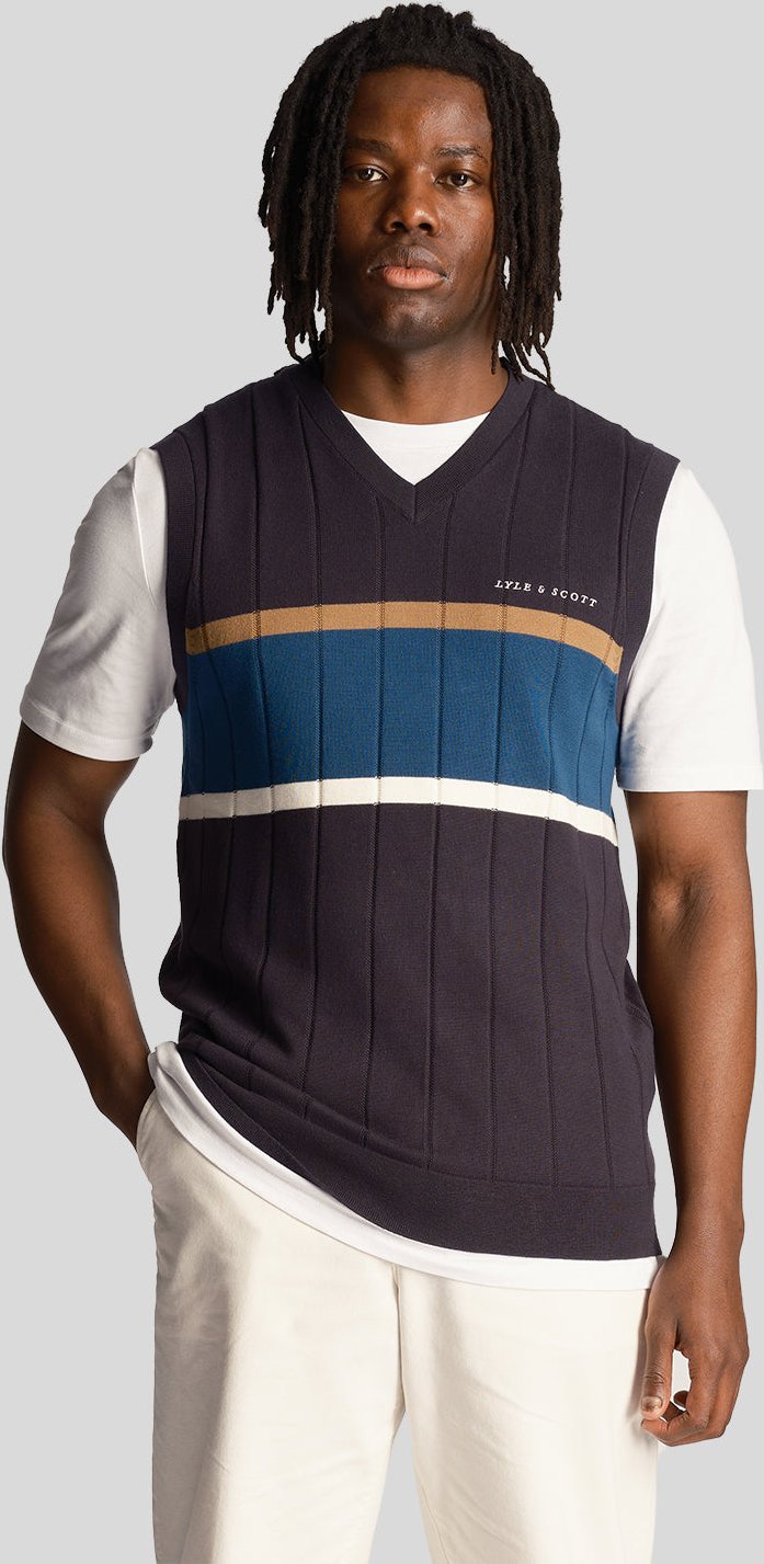 Thumbnail - Lyle & Scott Herren Volley Stripe Strickweste in Dunkelblau