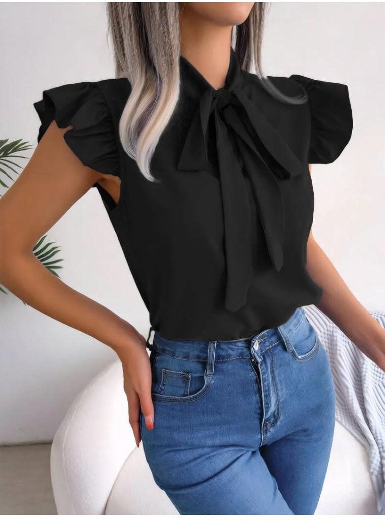Thumbnail - Damen Bluse mit Rüschendetail und gebundenem Kragen, Cap-Ärmel