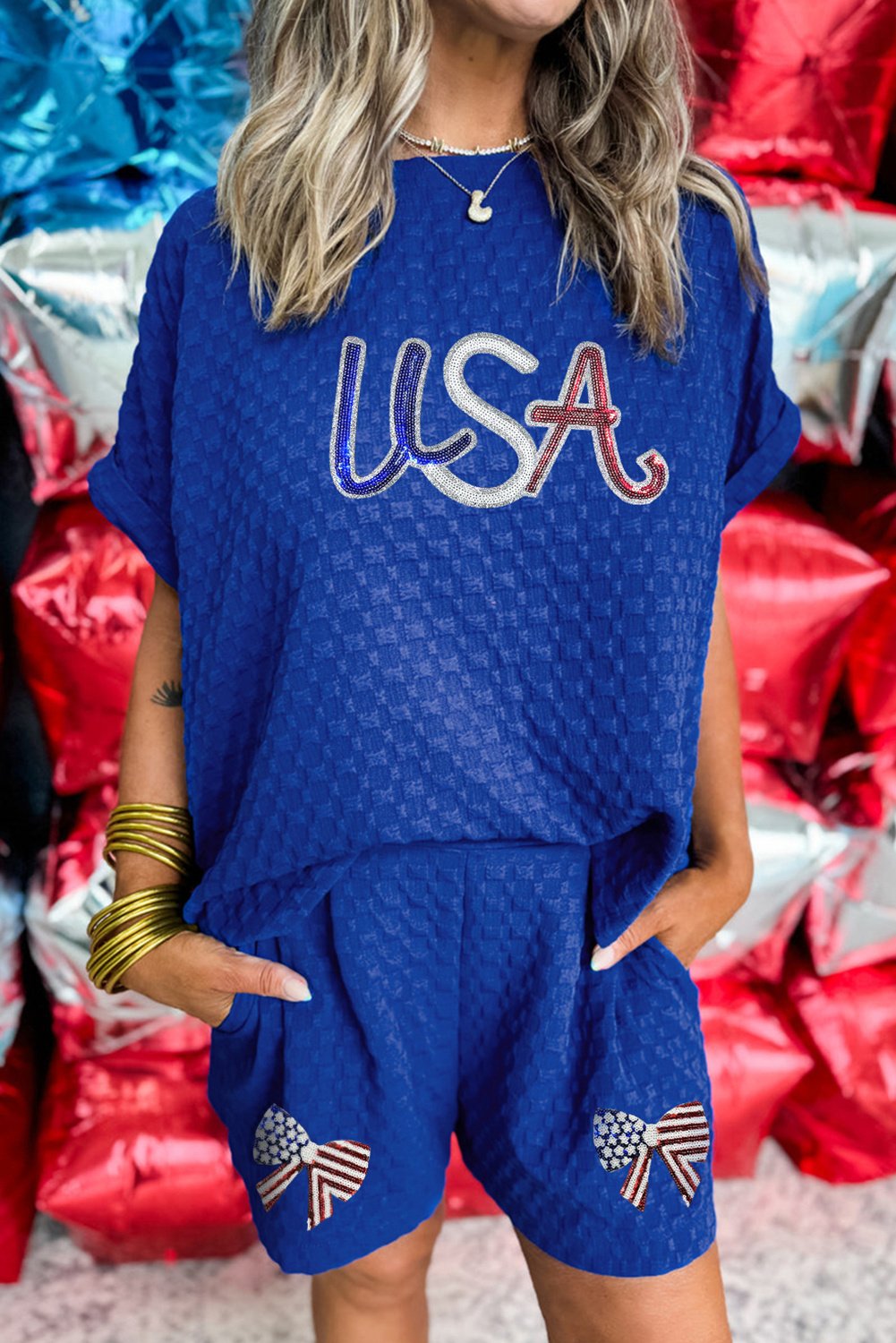 Patriotisches Pailletten-Shorts-Set